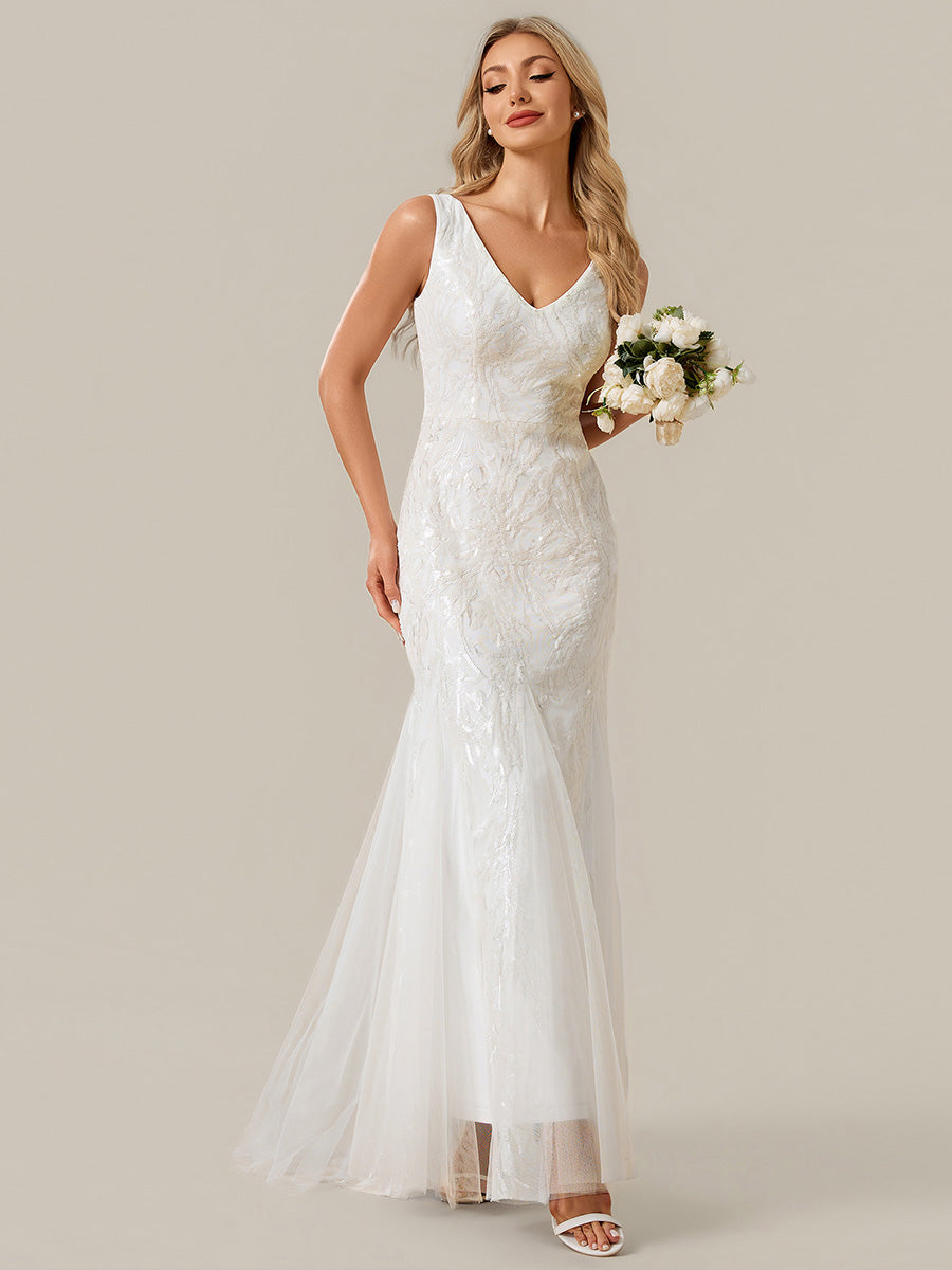 Color=White | One Stop Shop Strapless High Stretch Sequin Floral Fishtail V-Neck Wedding Dresses-White 5