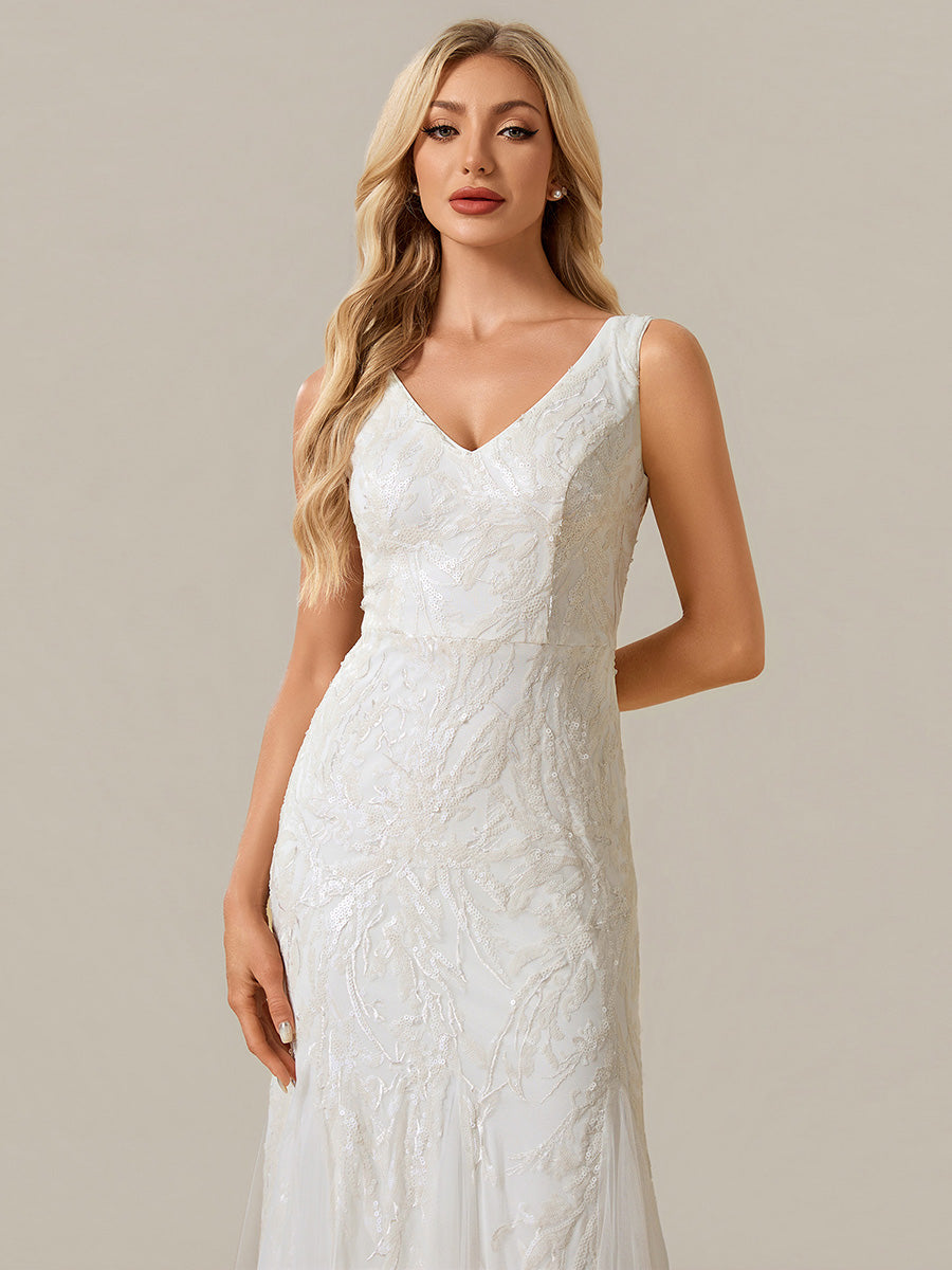 Color=White | One Stop Shop Strapless High Stretch Sequin Floral Fishtail V-Neck Wedding Dresses-White 3