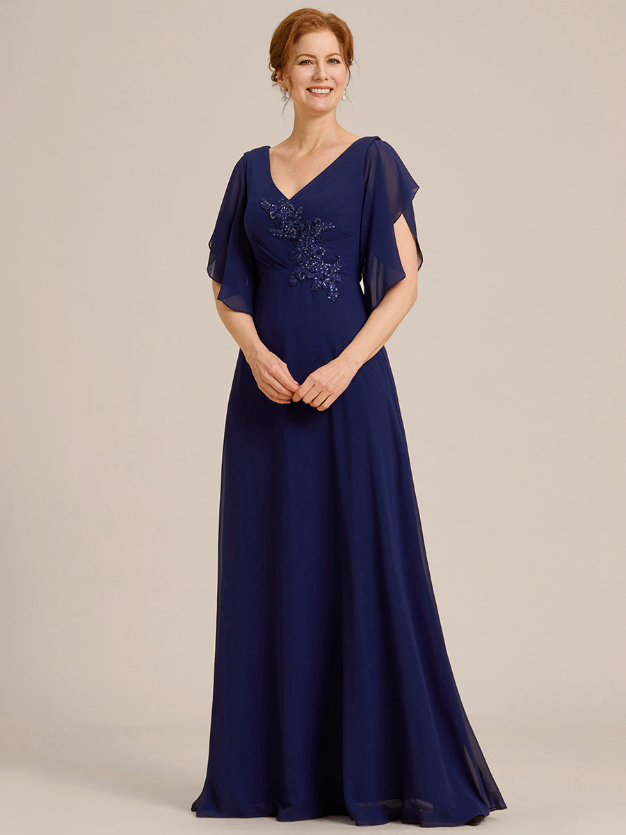 Maxi Long Chiffon Floral Embroidery Wholesale Evening Dresses With Short Sleeves