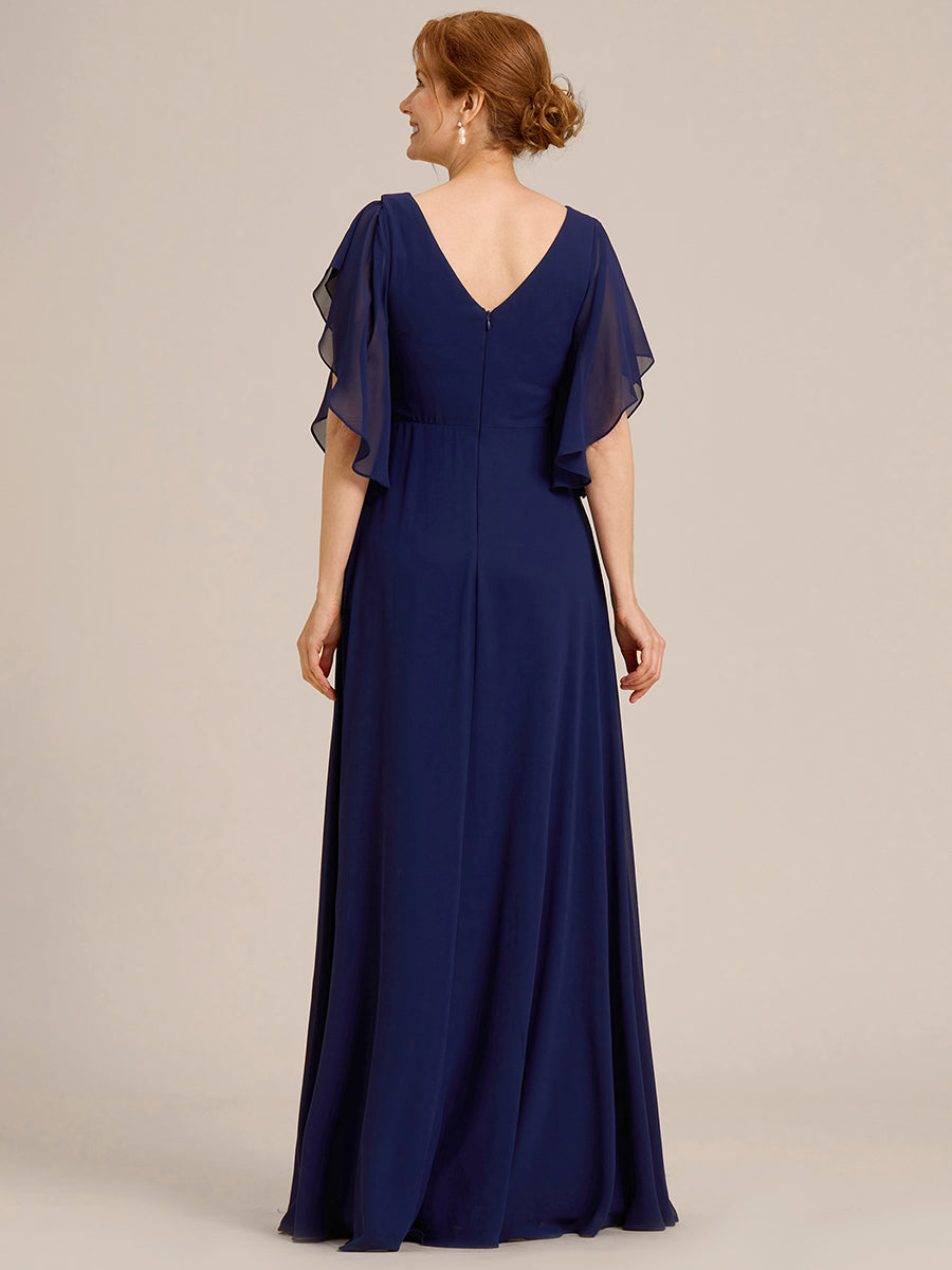 Maxi Long Chiffon Floral Embroidery Wholesale Evening Dresses With Short Sleeves