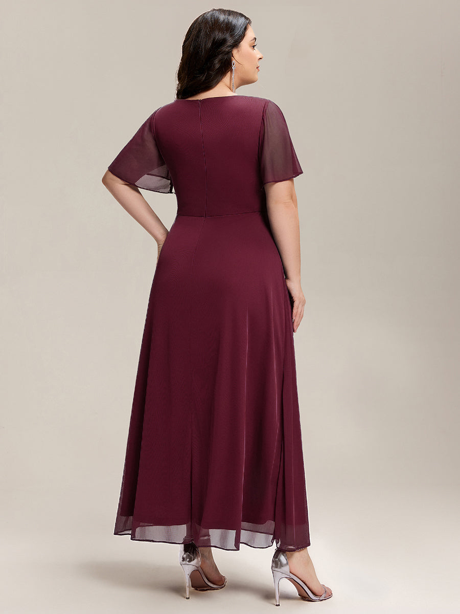 Color=Burgundy | Volume Discounts Short Sleeve Ruffle Deep V-Neck A-Line Maxi Dress with Slit; Mother of the Bride Dresses-Burgundy 7