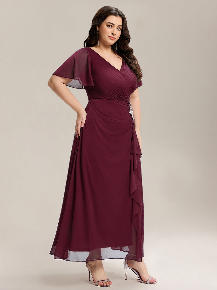 Color=Burgundy | Volume Discounts Short Sleeve Ruffle Deep V-Neck A-Line Maxi Dress with Slit; Mother of the Bride Dresses-Burgundy 9