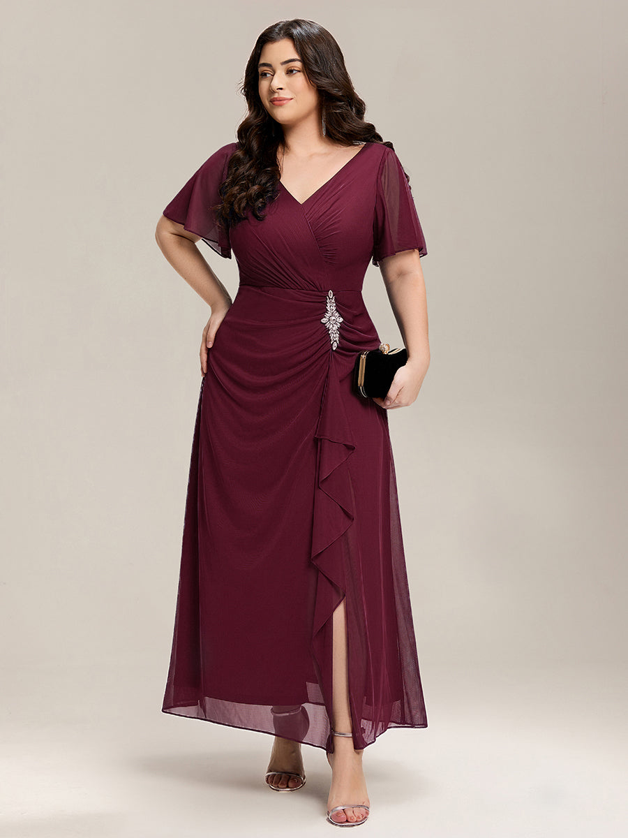 Color=Burgundy | Volume Discounts Short Sleeve Ruffle Deep V-Neck A-Line Maxi Dress with Slit; Mother of the Bride Dresses-Burgundy 5