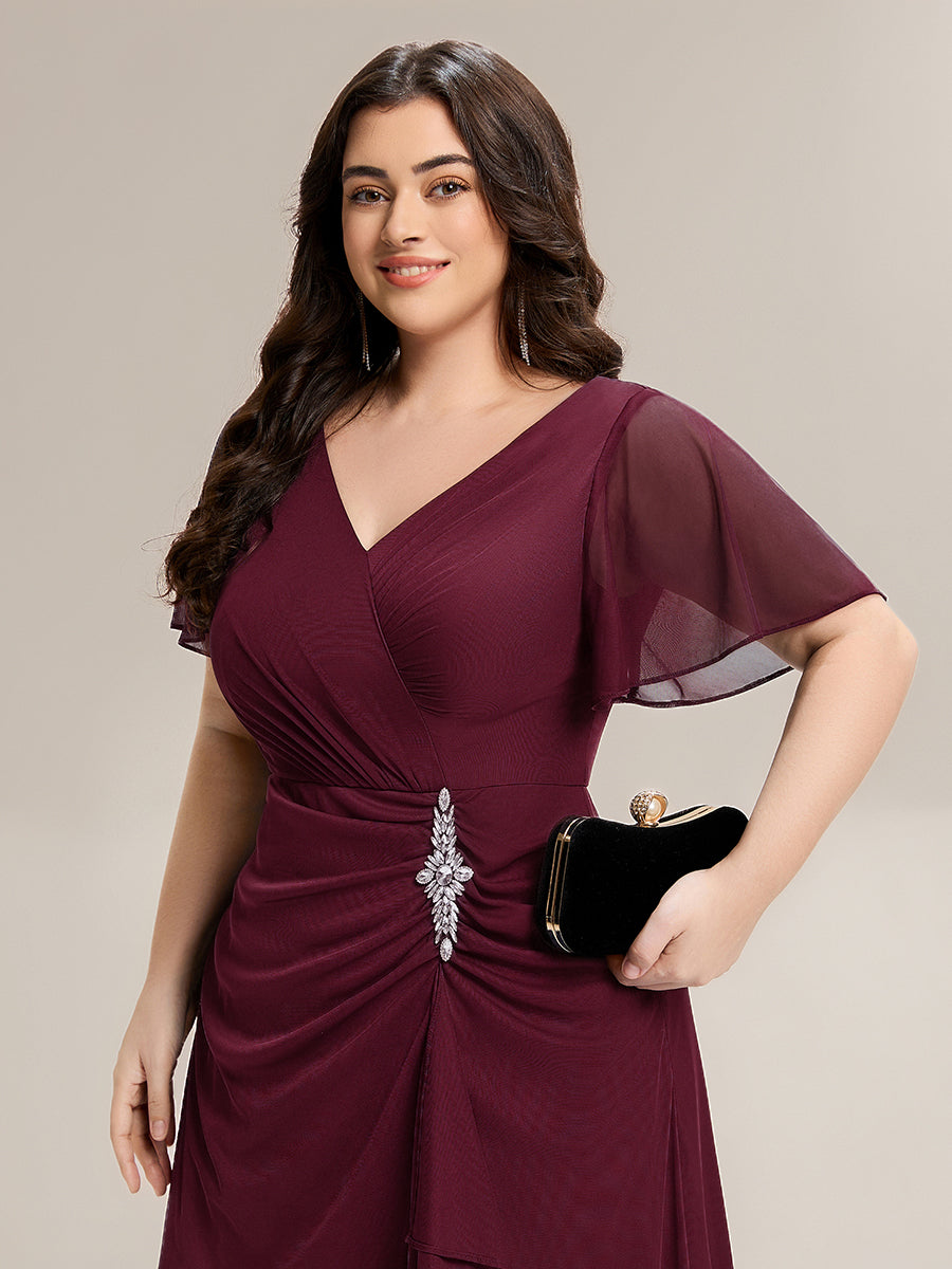 Color=Burgundy | Volume Discounts Short Sleeve Ruffle Deep V-Neck A-Line Maxi Dress with Slit; Mother of the Bride Dresses-Burgundy 8