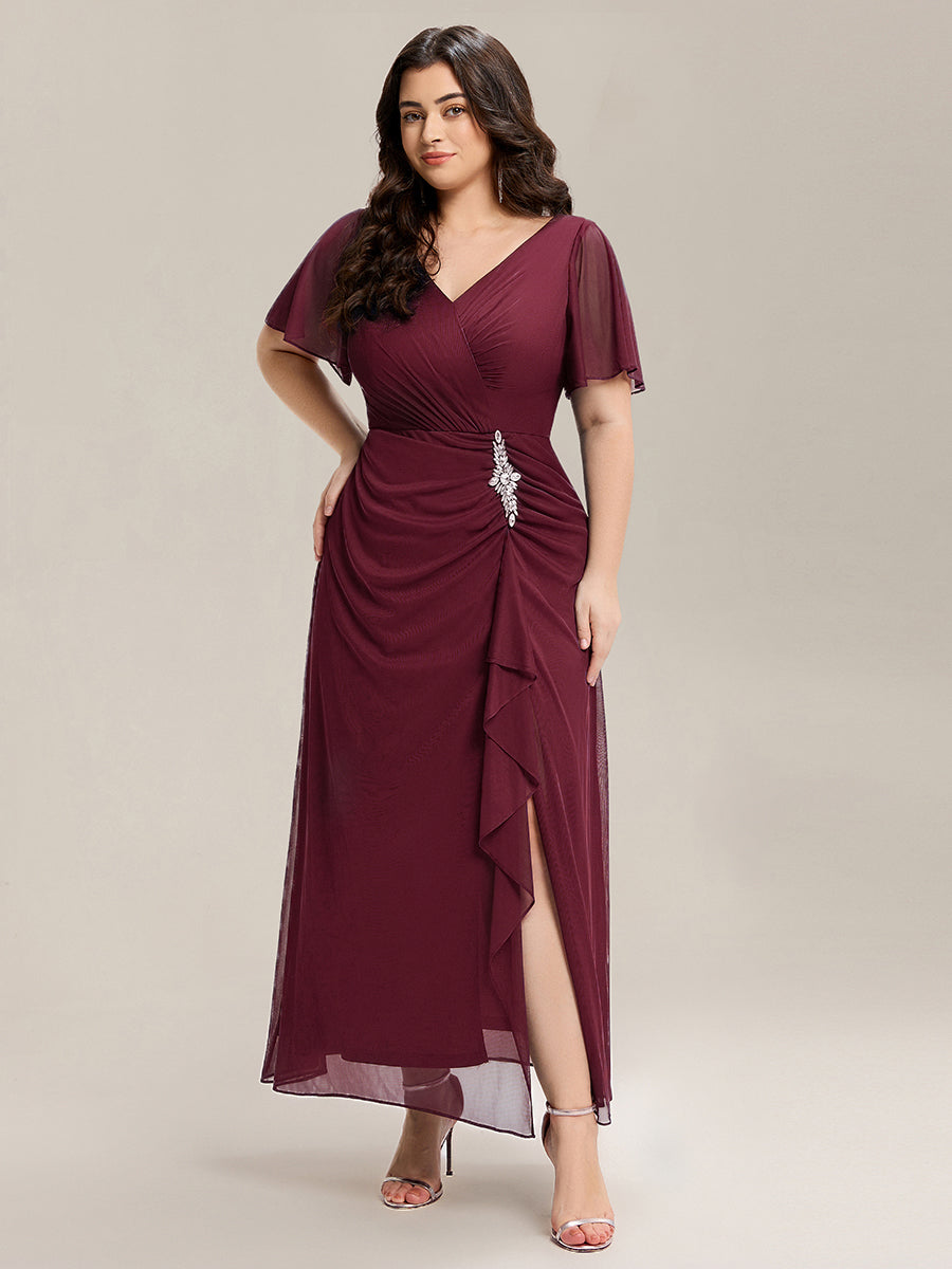 Color=Burgundy | Volume Discounts Short Sleeve Ruffle Deep V-Neck A-Line Maxi Dress with Slit; Mother of the Bride Dresses-Burgundy 1