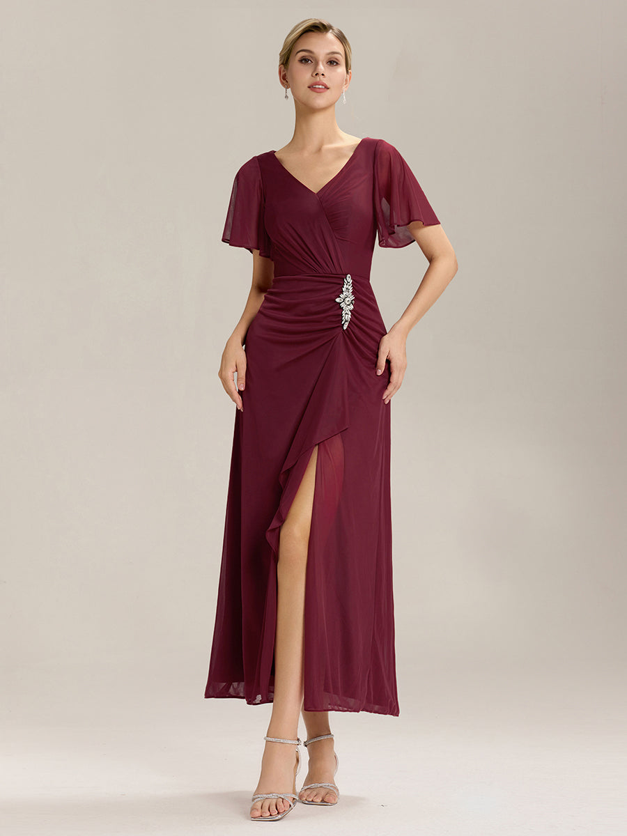 Color=Burgundy | Volume Discounts Short Sleeve Ruffle Deep V-Neck A-Line Maxi Dress with Slit; Mother of the Bride Dresses-Burgundy 1