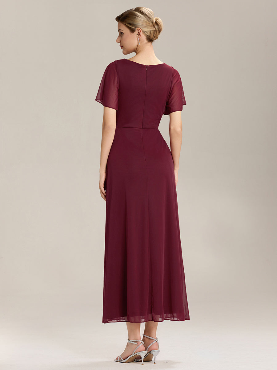 Color=Burgundy | Volume Discounts Short Sleeve Ruffle Deep V-Neck A-Line Maxi Dress with Slit; Mother of the Bride Dresses-Burgundy 2