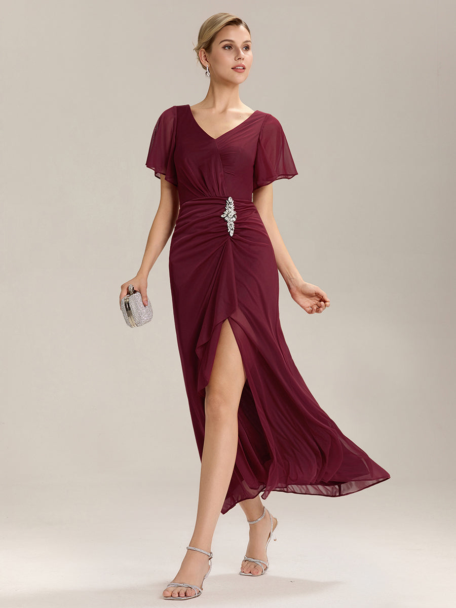 Color=Burgundy | Volume Discounts Short Sleeve Ruffle Deep V-Neck A-Line Maxi Dress with Slit; Mother of the Bride Dresses-Burgundy 4