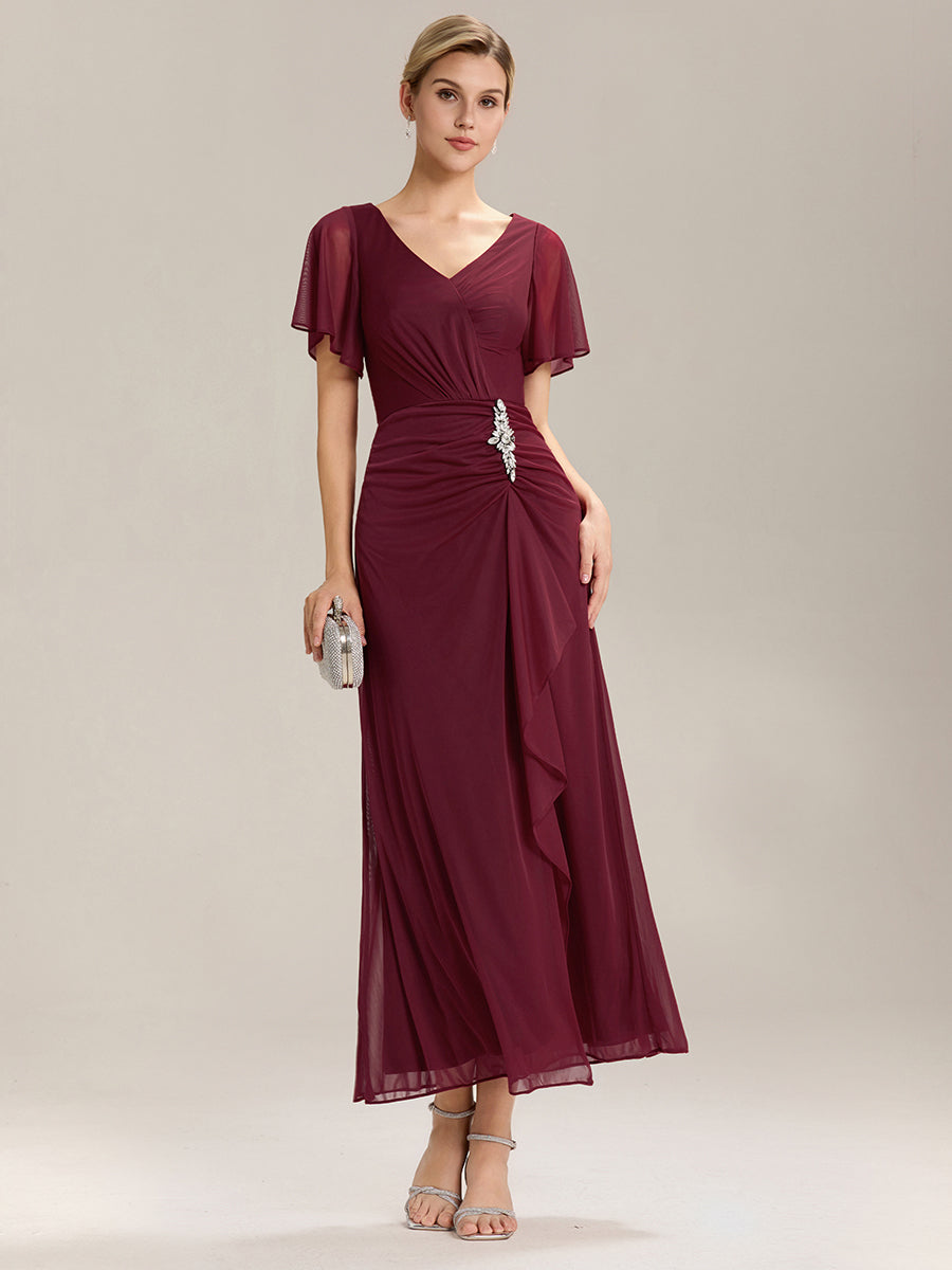 Color=Burgundy | Volume Discounts Short Sleeve Ruffle Deep V-Neck A-Line Maxi Dress with Slit; Mother of the Bride Dresses-Burgundy 5