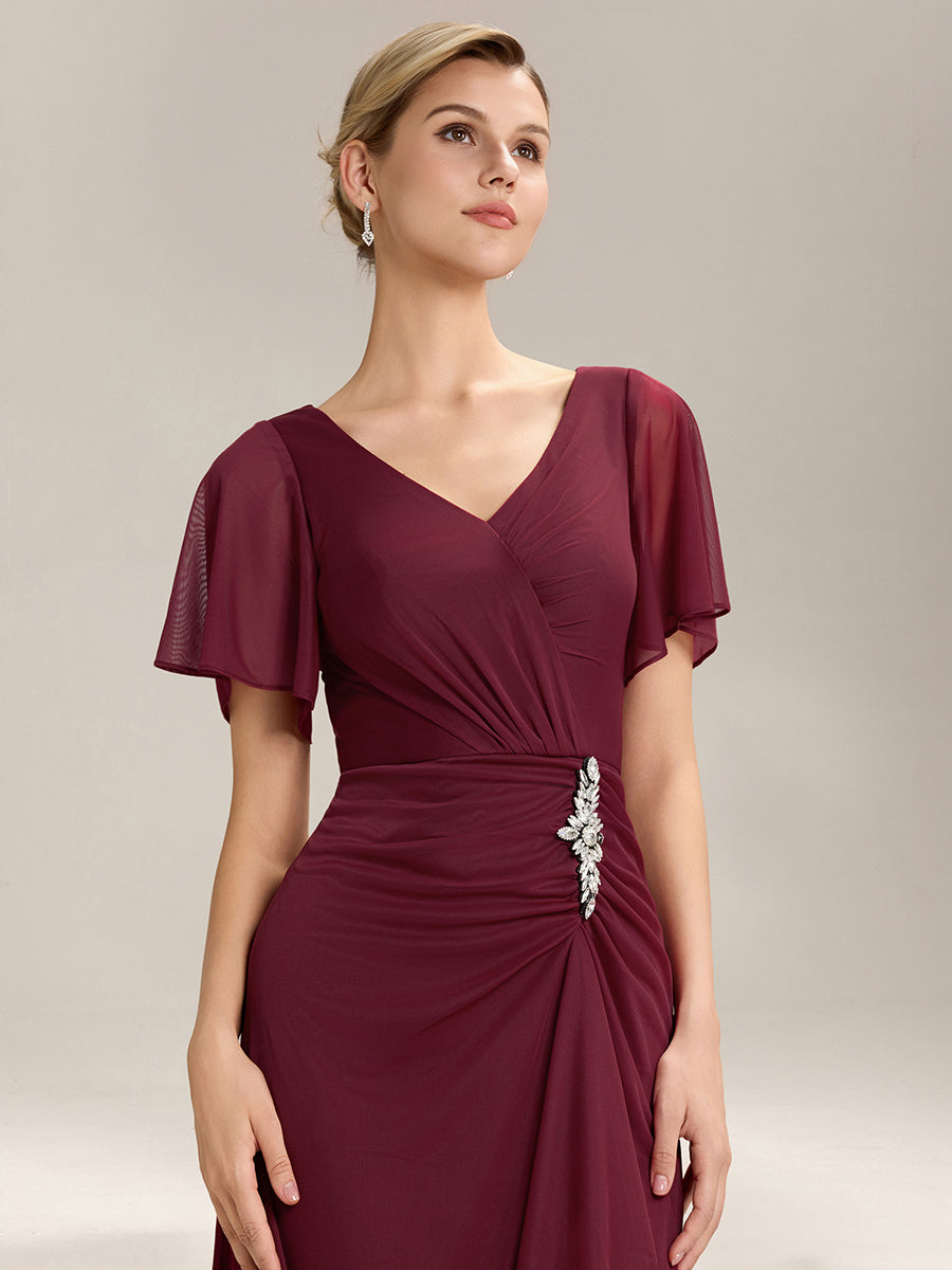 Color=Burgundy | Volume Discounts Short Sleeve Ruffle Deep V-Neck A-Line Maxi Dress with Slit; Mother of the Bride Dresses-Burgundy 3