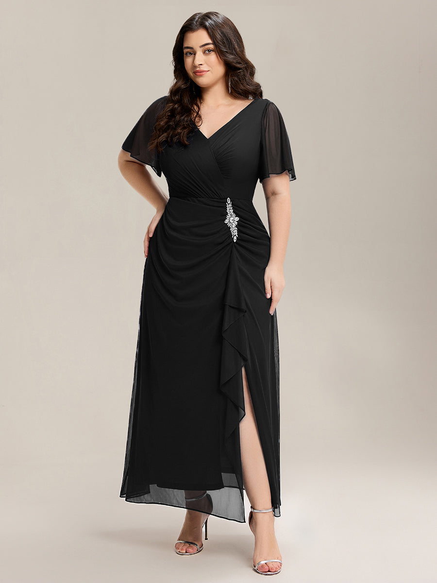 Color=Black | Volume Discounts Short Sleeve Ruffle Deep V-Neck A-Line Maxi Dress with Slit; Mother of the Bride Dresses-Black 16