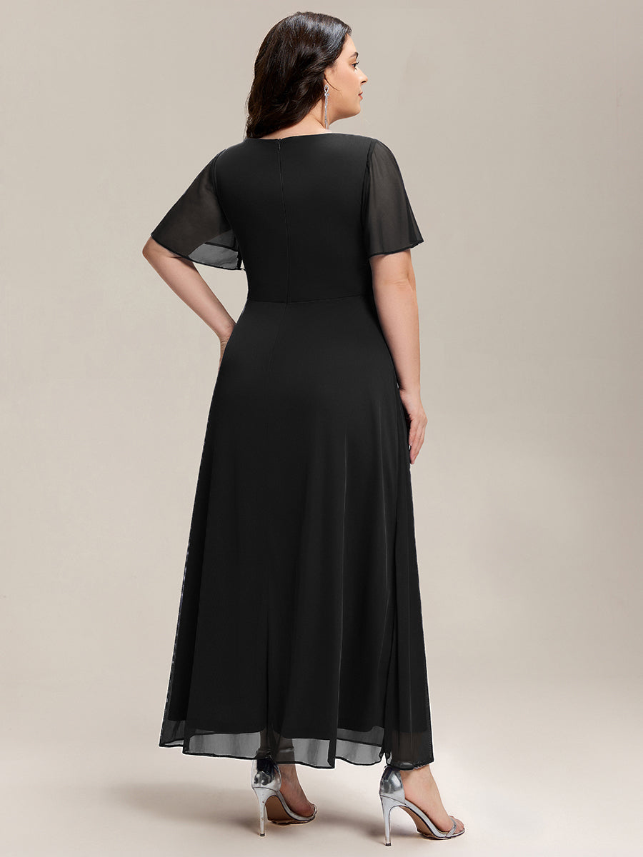 Color=Black | Volume Discounts Short Sleeve Ruffle Deep V-Neck A-Line Maxi Dress with Slit; Mother of the Bride Dresses-Black 7