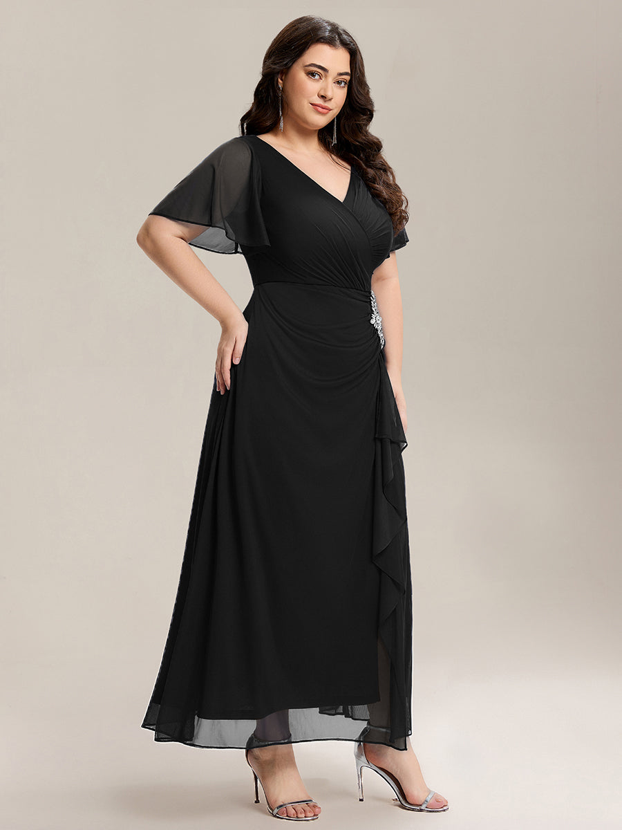 Color=Black | Volume Discounts Short Sleeve Ruffle Deep V-Neck A-Line Maxi Dress with Slit; Mother of the Bride Dresses-Black 9