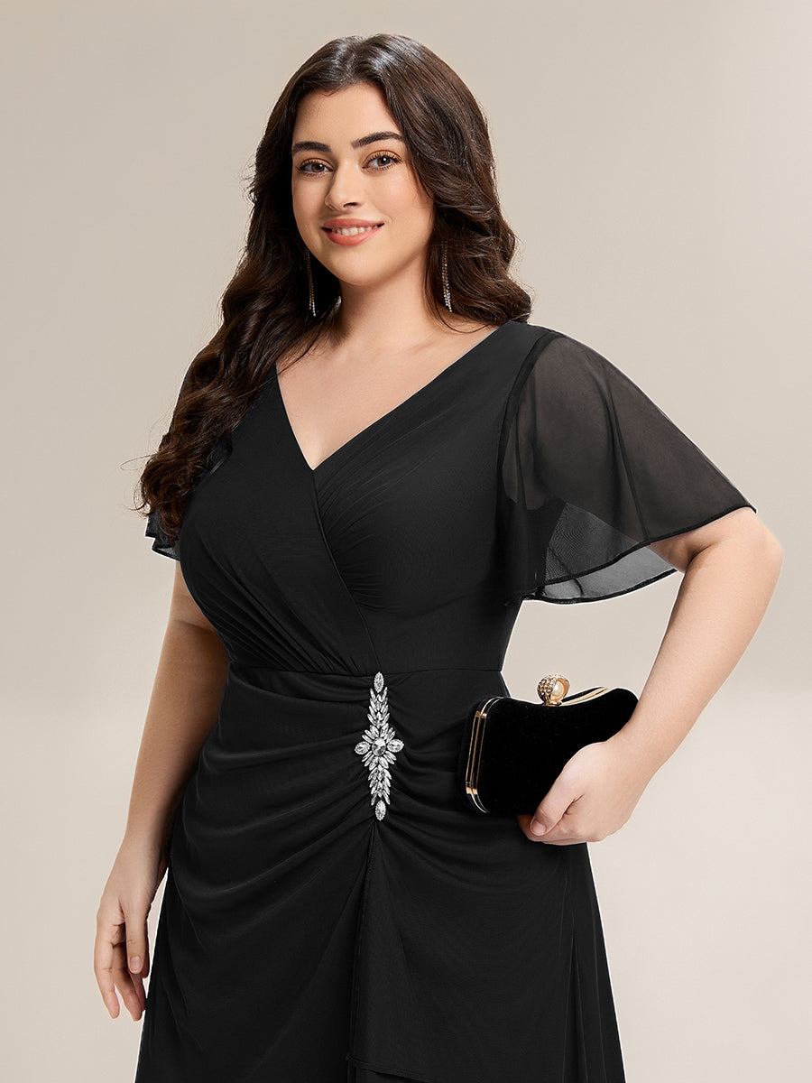 Color=Black | Volume Discounts Short Sleeve Ruffle Deep V-Neck A-Line Maxi Dress with Slit; Mother of the Bride Dresses-Black 18