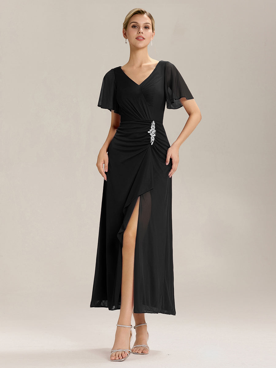 Color=Black | Volume Discounts Short Sleeve Ruffle Deep V-Neck A-Line Maxi Dress with Slit; Mother of the Bride Dresses-Black 11