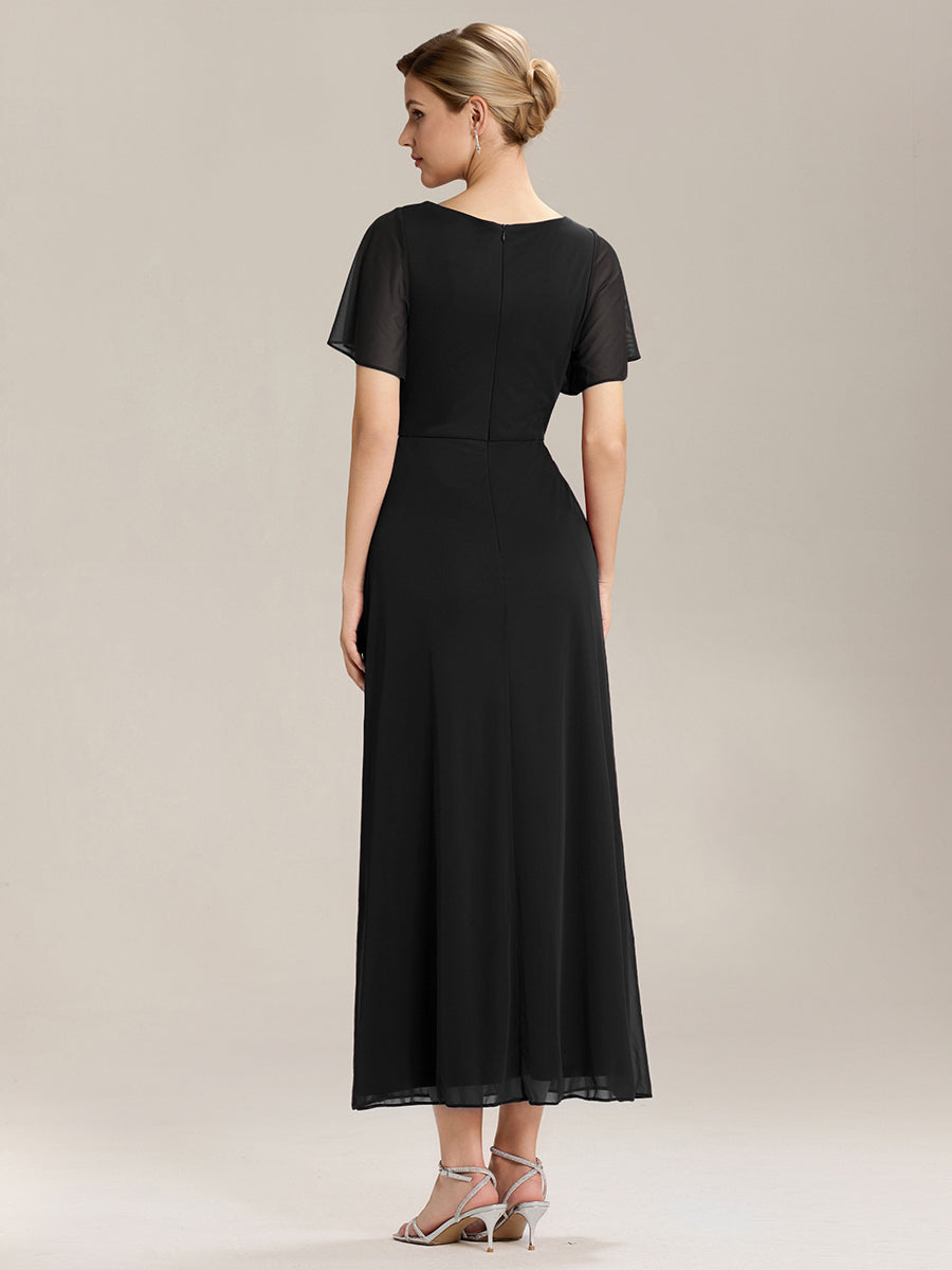 Color=Black | Volume Discounts Short Sleeve Ruffle Deep V-Neck A-Line Maxi Dress with Slit; Mother of the Bride Dresses-Black 12