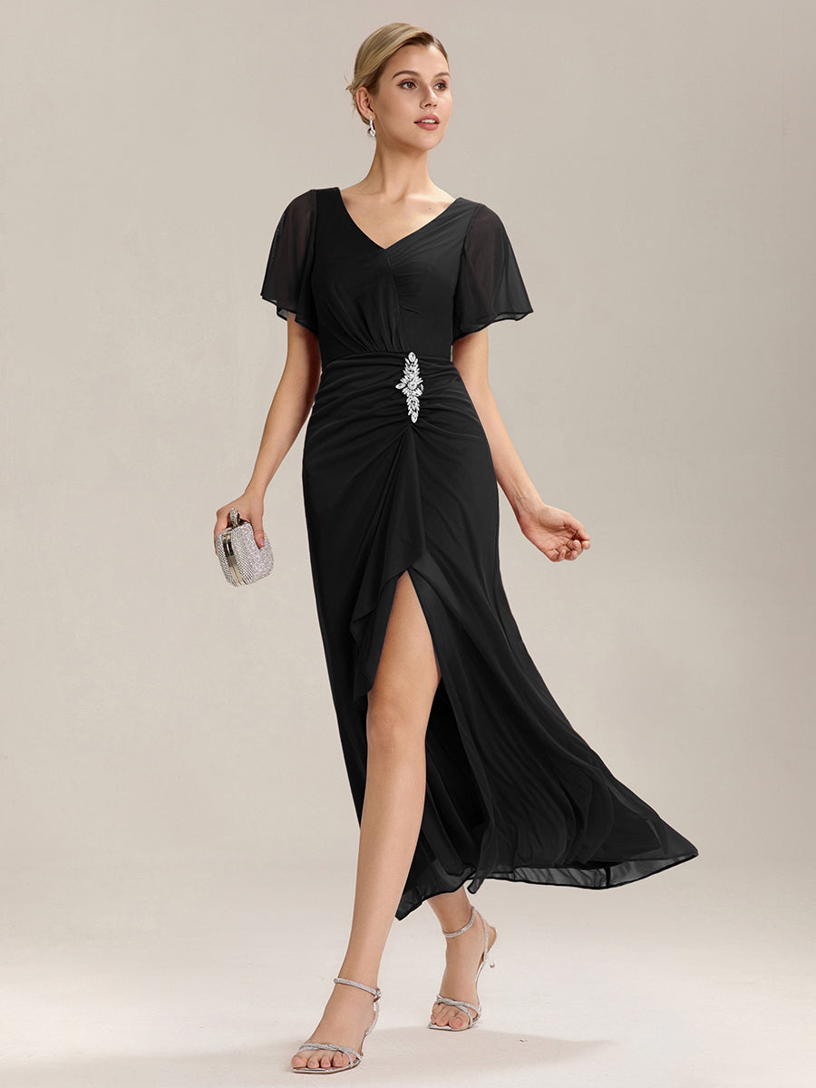 Color=Black | Volume Discounts Short Sleeve Ruffle Deep V-Neck A-Line Maxi Dress with Slit; Mother of the Bride Dresses-Black 14