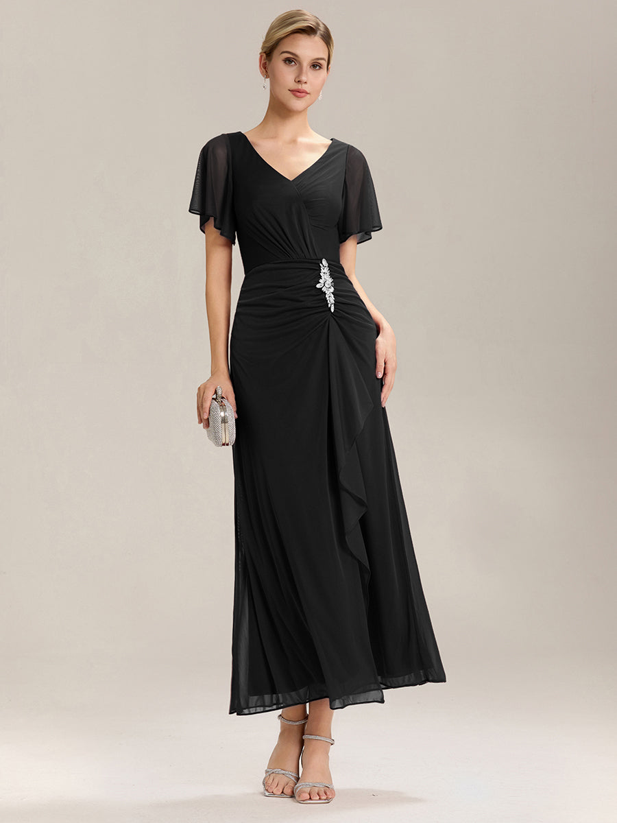 Color=Black | Volume Discounts Short Sleeve Ruffle Deep V-Neck A-Line Maxi Dress with Slit; Mother of the Bride Dresses-Black 15