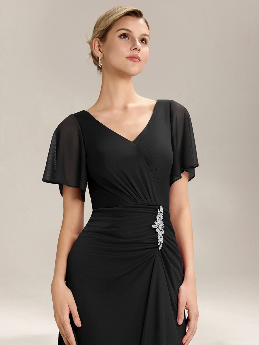 Color=Black | Volume Discounts Short Sleeve Ruffle Deep V-Neck A-Line Maxi Dress with Slit; Mother of the Bride Dresses-Black 13