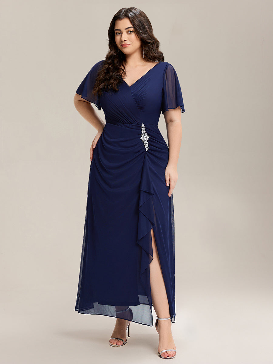 Color=Navy Blue | Volume Discounts Short Sleeve Ruffle Deep V-Neck A-Line Maxi Dress with Slit; Mother of the Bride Dresses-Navy Blue 26