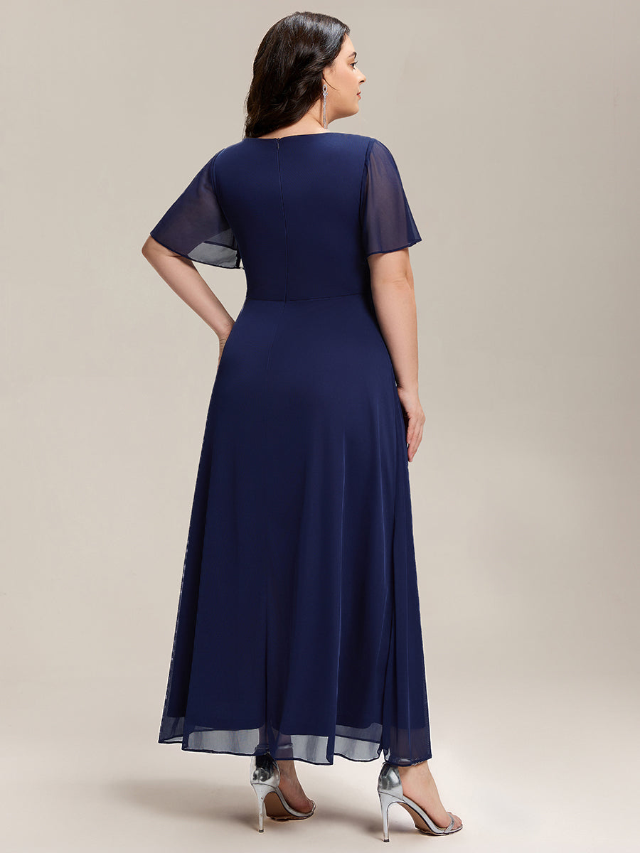 Color=Navy Blue | Volume Discounts Short Sleeve Ruffle Deep V-Neck A-Line Maxi Dress with Slit; Mother of the Bride Dresses-Navy Blue 12