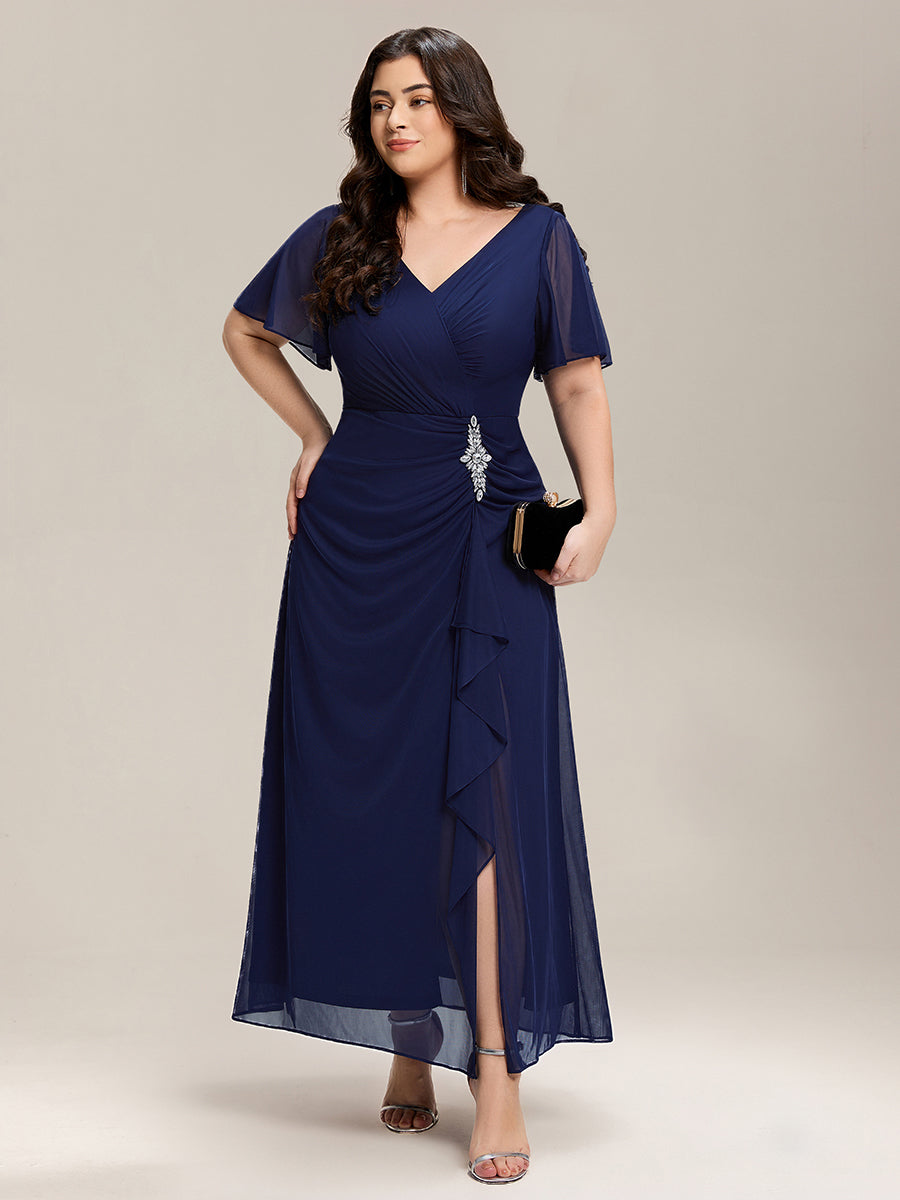 Color=Navy Blue | Volume Discounts Short Sleeve Ruffle Deep V-Neck A-Line Maxi Dress with Slit; Mother of the Bride Dresses-Navy Blue 15