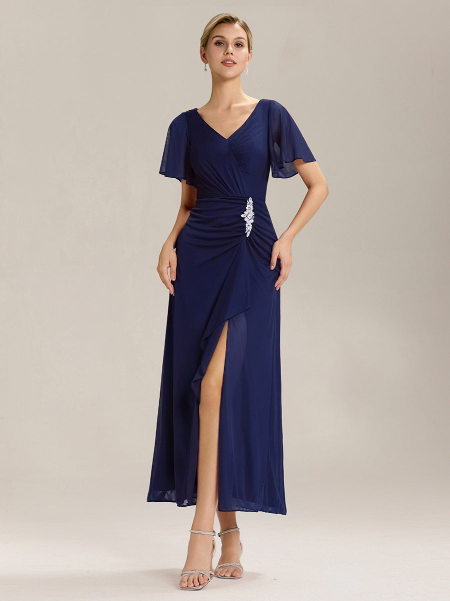 Color=Navy Blue | Volume Discounts Short Sleeve Ruffle Deep V-Neck A-Line Maxi Dress with Slit; Mother of the Bride Dresses-Navy Blue 21