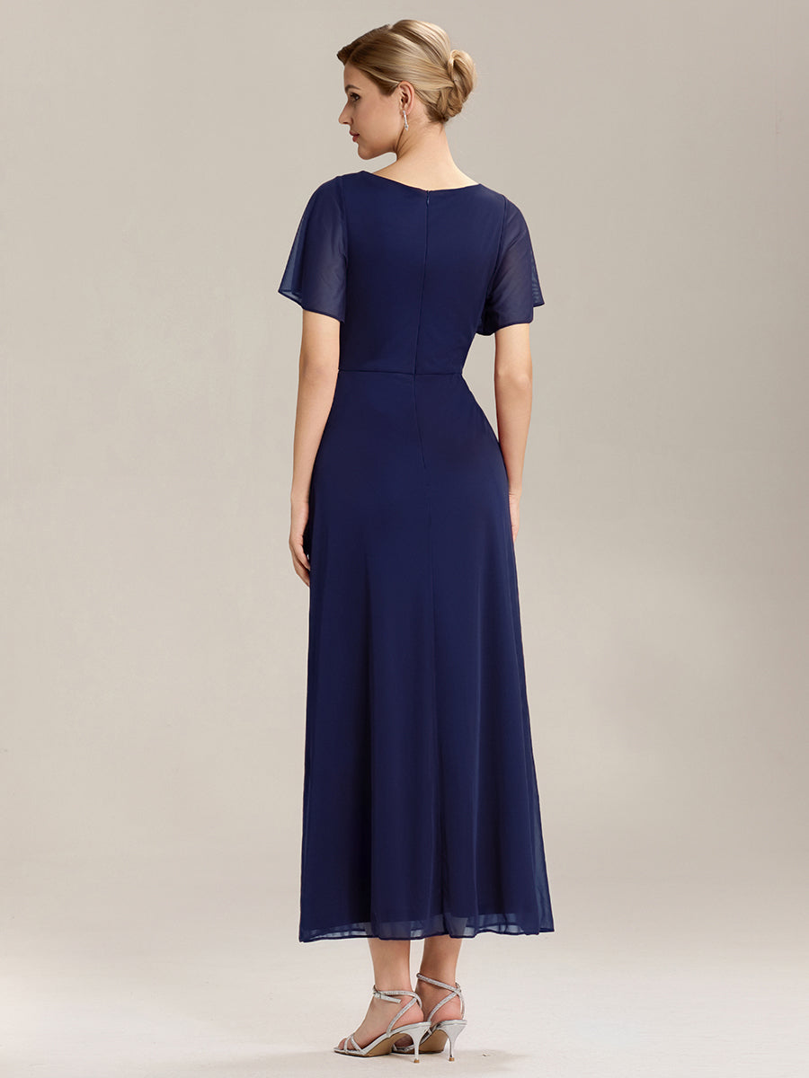 Color=Navy Blue | Volume Discounts Short Sleeve Ruffle Deep V-Neck A-Line Maxi Dress with Slit; Mother of the Bride Dresses-Navy Blue 22