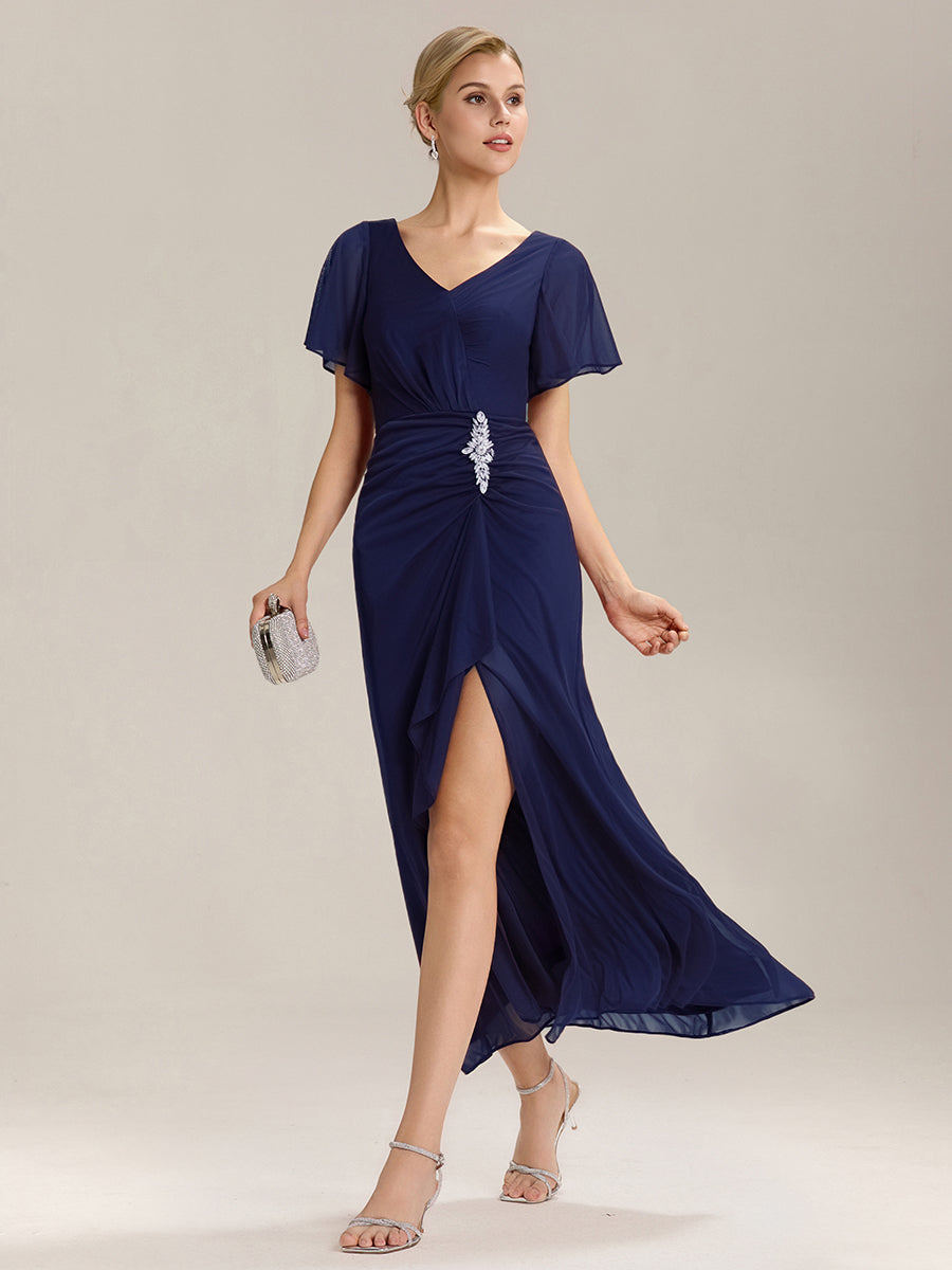 Color=Navy Blue | Volume Discounts Short Sleeve Ruffle Deep V-Neck A-Line Maxi Dress with Slit; Mother of the Bride Dresses-Navy Blue 24