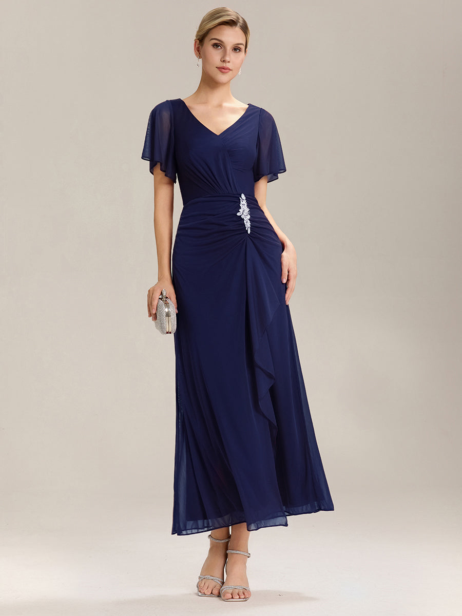 Color=Navy Blue | Volume Discounts Short Sleeve Ruffle Deep V-Neck A-Line Maxi Dress with Slit; Mother of the Bride Dresses-Navy Blue 25