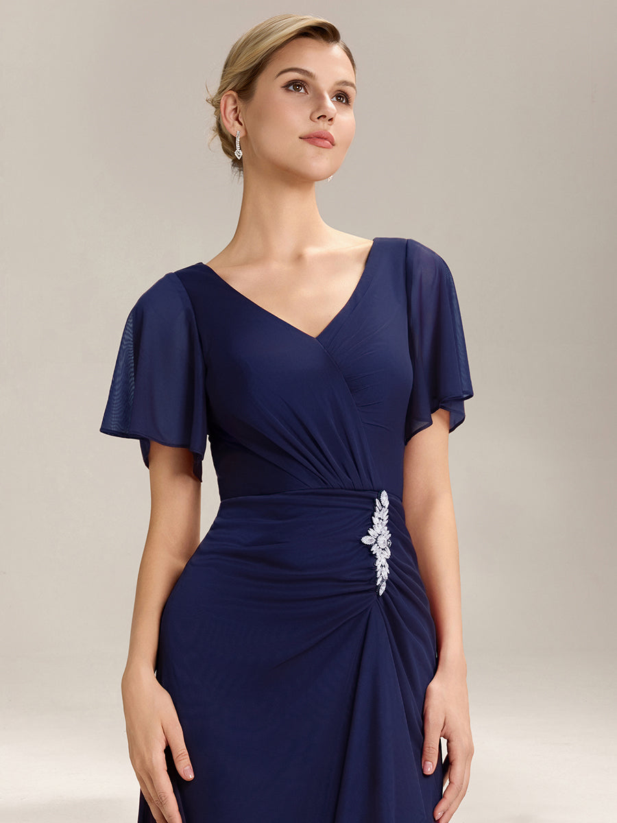 Color=Navy Blue | Volume Discounts Short Sleeve Ruffle Deep V-Neck A-Line Maxi Dress with Slit; Mother of the Bride Dresses-Navy Blue 23