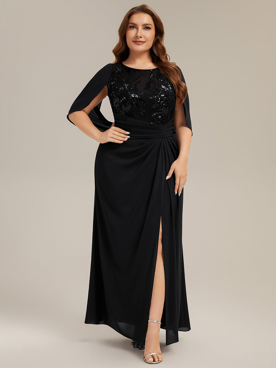 Color=Black | Factory Design Half Sleeve Gathered Cowl Neck A-Line Maxi Dress | Mother of the Bride Dresses-Black 6
