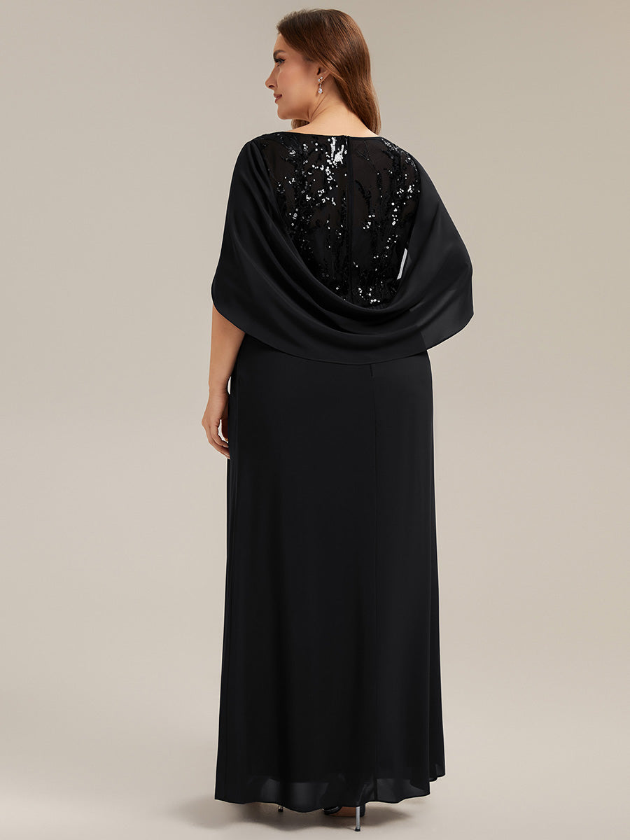 Color=Black | Factory Design Half Sleeve Gathered Cowl Neck A-Line Maxi Dress | Mother of the Bride Dresses-Black 7