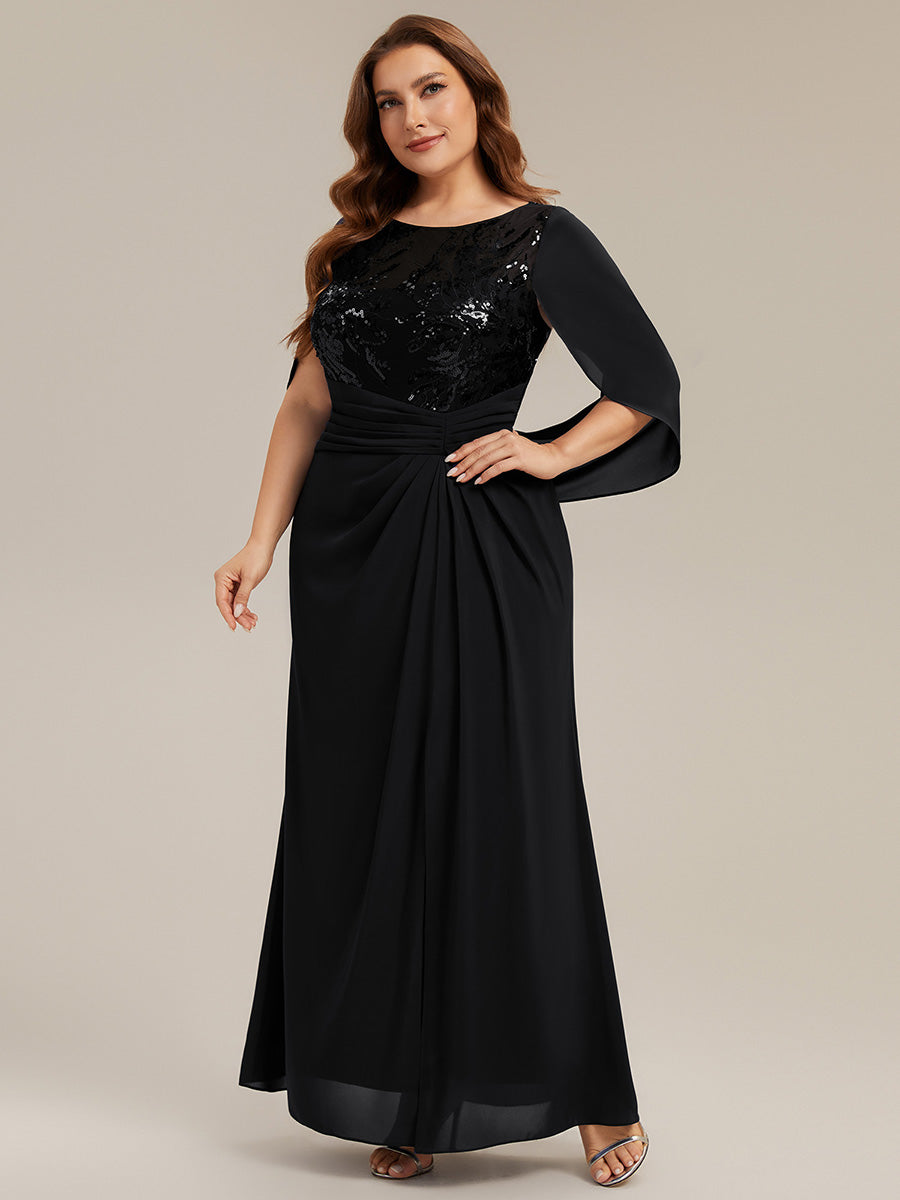Color=Black | Factory Design Half Sleeve Gathered Cowl Neck A-Line Maxi Dress | Mother of the Bride Dresses-Black 9
