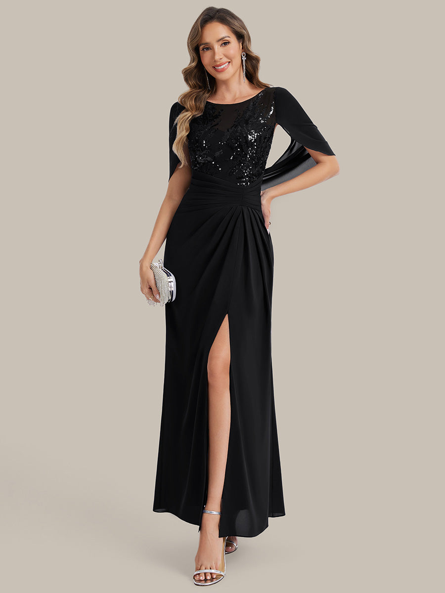 Color=Black | Factory Design Half Sleeve Gathered Cowl Neck A-Line Maxi Dress | Mother of the Bride Dresses-Black 1