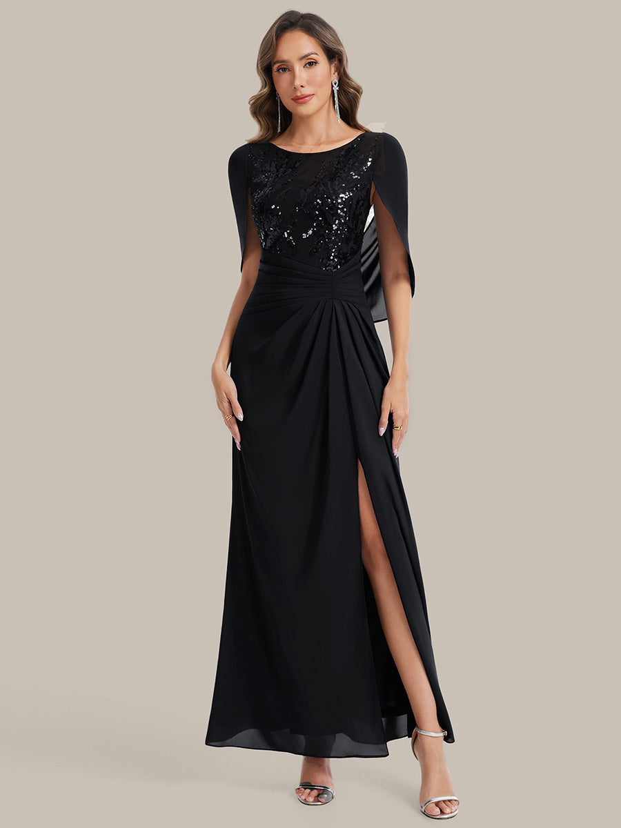 Color=Black | Factory Design Half Sleeve Gathered Cowl Neck A-Line Maxi Dress | Mother of the Bride Dresses-Black 4