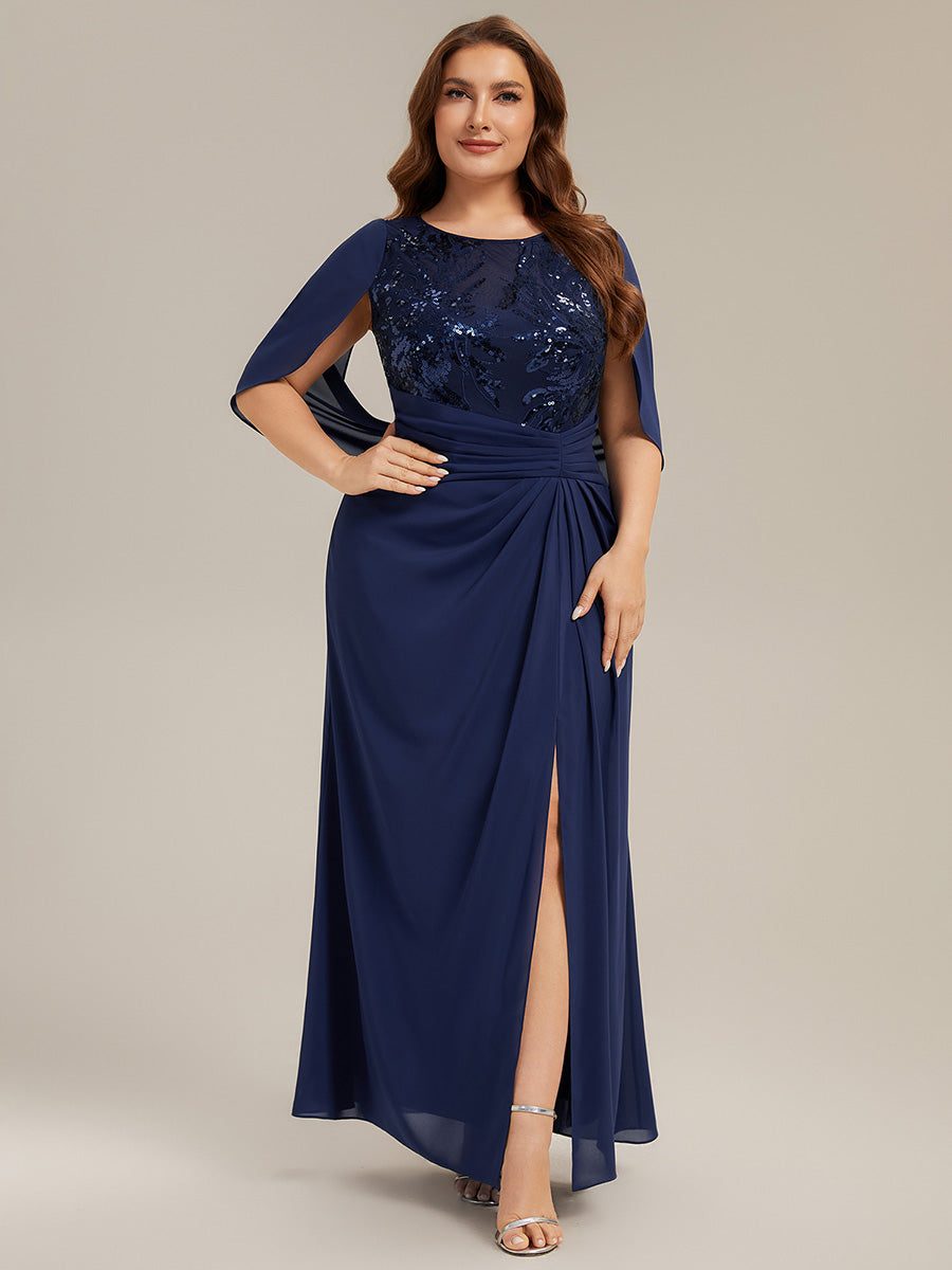 Color=Navy Blue | Factory Design Half Sleeve Gathered Cowl Neck A-Line Maxi Dress | Mother of the Bride Dresses-Navy Blue 16