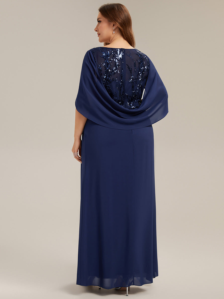 Color=Navy Blue | Factory Design Half Sleeve Gathered Cowl Neck A-Line Maxi Dress | Mother of the Bride Dresses-Navy Blue 17