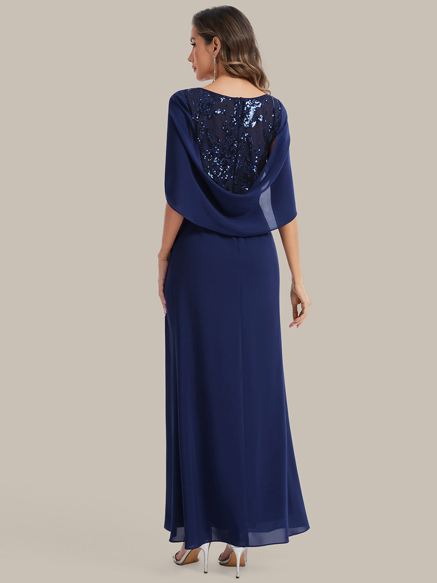 Color=Navy Blue | Factory Design Half Sleeve Gathered Cowl Neck A-Line Maxi Dress | Mother of the Bride Dresses-Navy Blue 12