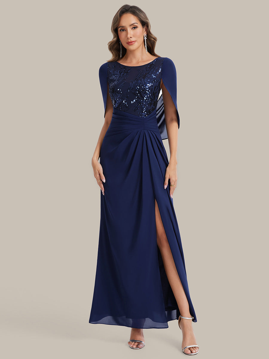 Color=Navy Blue | Factory Design Half Sleeve Gathered Cowl Neck A-Line Maxi Dress | Mother of the Bride Dresses-Navy Blue 14