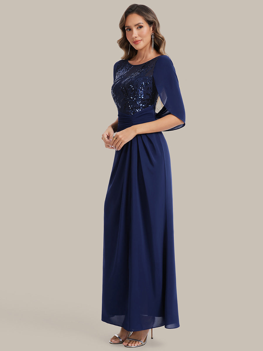 Color=Navy Blue | Factory Design Half Sleeve Gathered Cowl Neck A-Line Maxi Dress | Mother of the Bride Dresses-Navy Blue 15