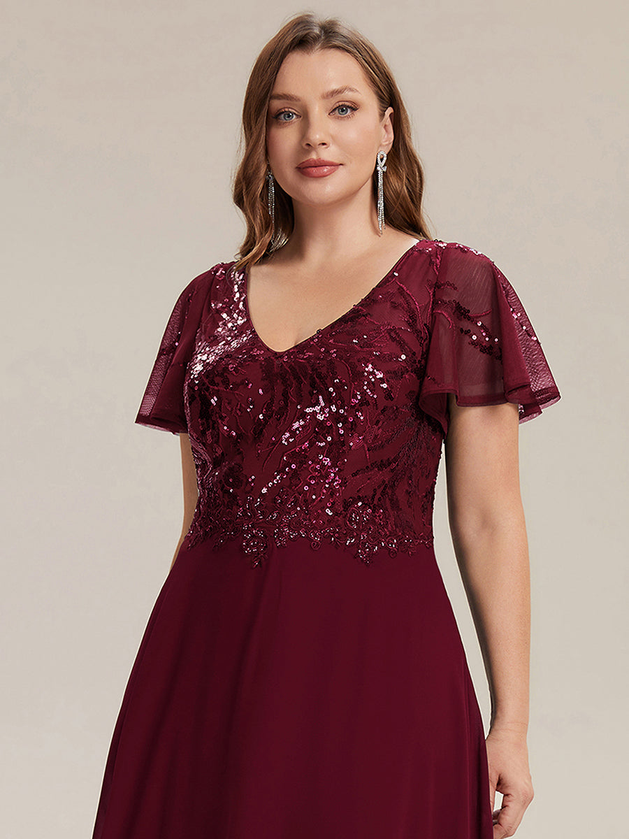 Color=Burgundy | B2B-Exclusive Short Sleeve Ruffle A-Line Maxi Dress with Deep V-Neck Appliques; Mother of the Bride Dresses-Burgundy 8