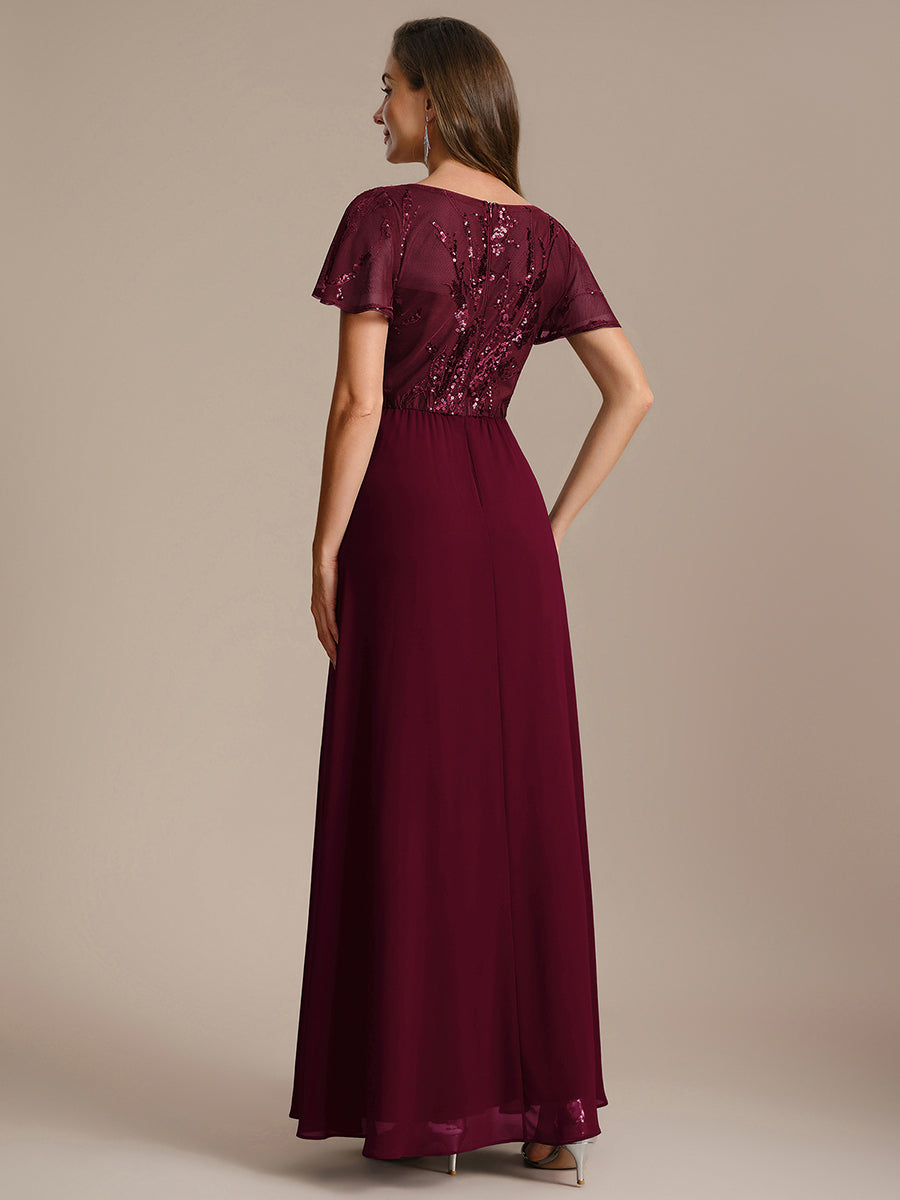 Color=Burgundy | B2B-Exclusive Short Sleeve Ruffle A-Line Maxi Dress with Deep V-Neck Appliques; Mother of the Bride Dresses-Burgundy 2