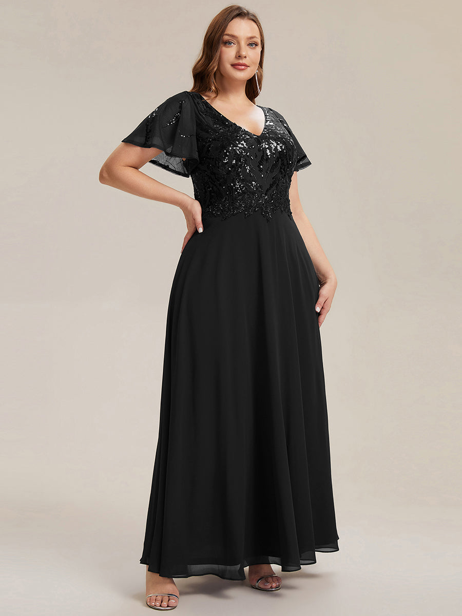 Color=Black | B2B-Exclusive Short Sleeve Ruffle A-Line Maxi Dress with Deep V-Neck Appliques; Mother of the Bride Dresses-Black 19