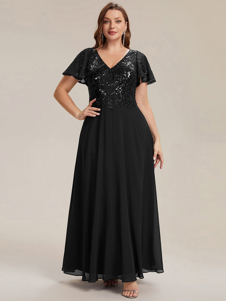 Color=Black | B2B-Exclusive Short Sleeve Ruffle A-Line Maxi Dress with Deep V-Neck Appliques; Mother of the Bride Dresses-Black 20