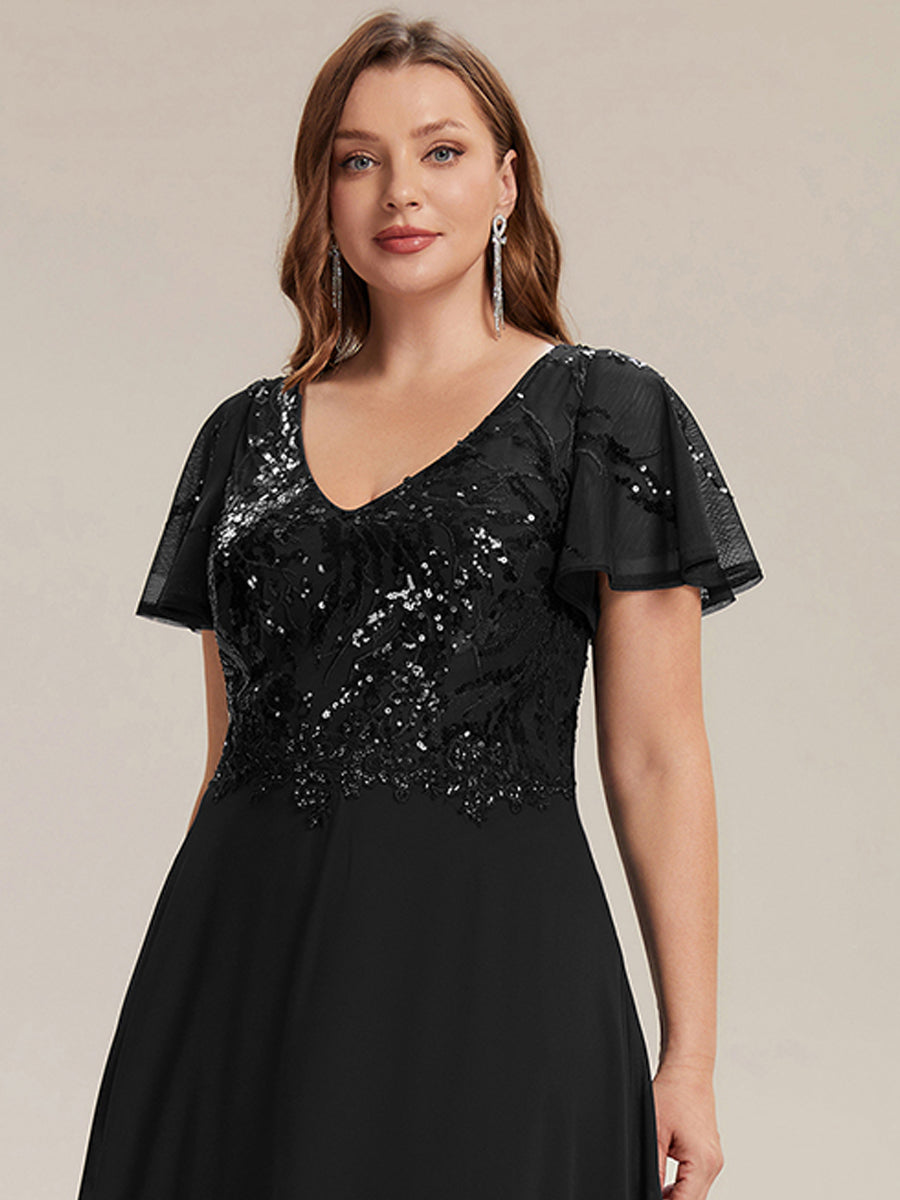 Color=Black | B2B-Exclusive Short Sleeve Ruffle A-Line Maxi Dress with Deep V-Neck Appliques; Mother of the Bride Dresses-Black 18