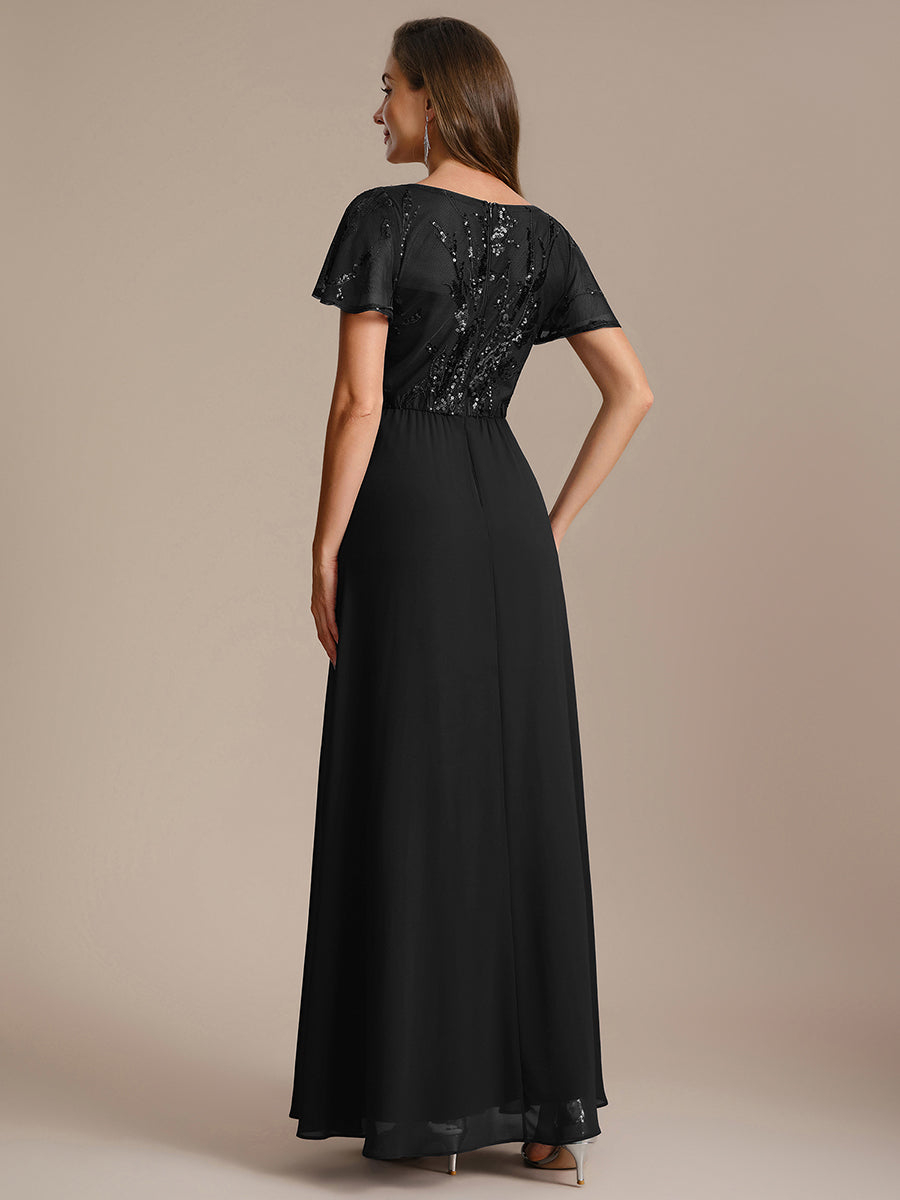 Color=Black | B2B-Exclusive Short Sleeve Ruffle A-Line Maxi Dress with Deep V-Neck Appliques; Mother of the Bride Dresses-Black 12