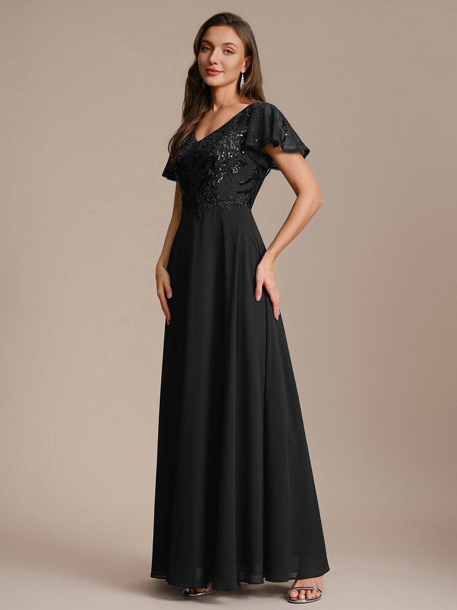 Color=Black | B2B-Exclusive Short Sleeve Ruffle A-Line Maxi Dress with Deep V-Neck Appliques; Mother of the Bride Dresses-Black 14