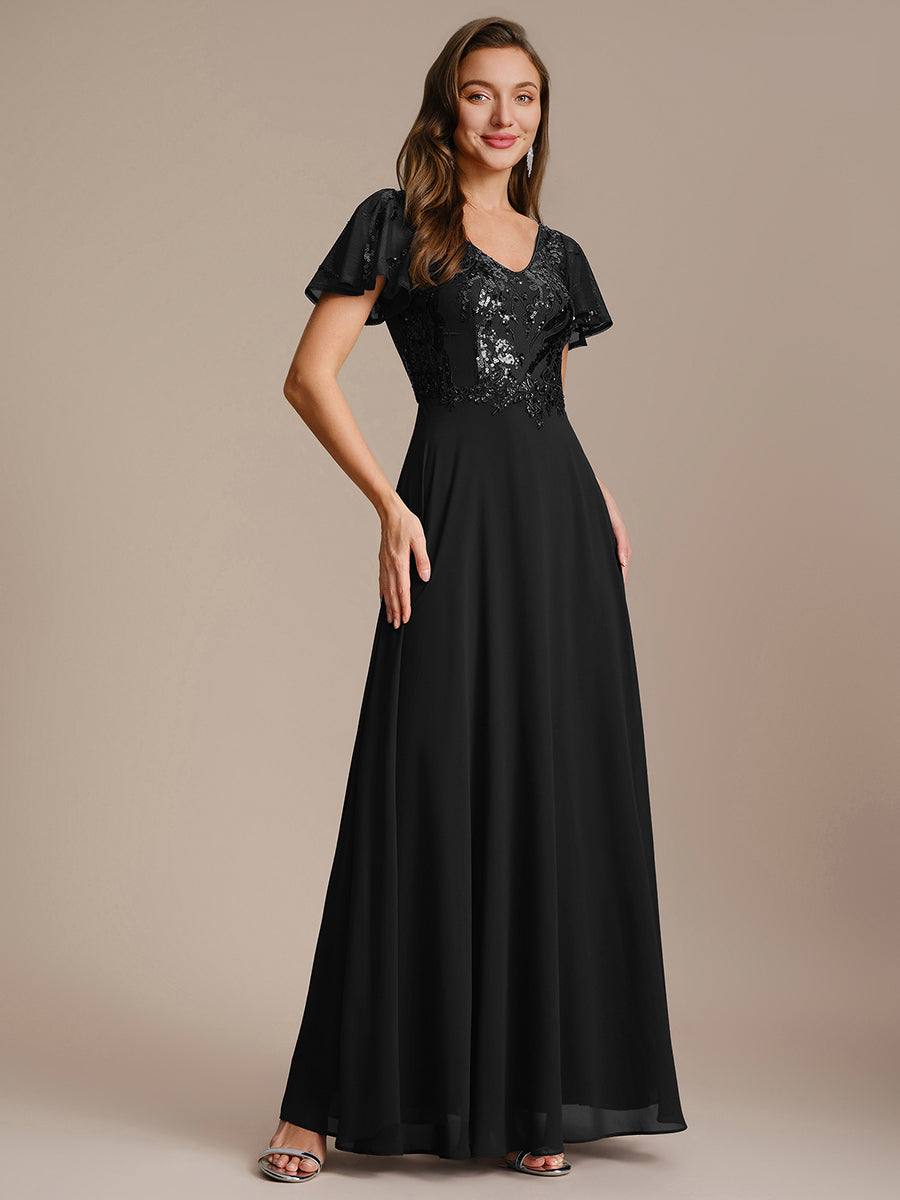 Color=Black | B2B-Exclusive Short Sleeve Ruffle A-Line Maxi Dress with Deep V-Neck Appliques; Mother of the Bride Dresses-Black 15
