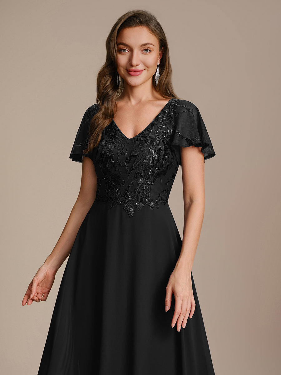 Color=Black | B2B-Exclusive Short Sleeve Ruffle A-Line Maxi Dress with Deep V-Neck Appliques; Mother of the Bride Dresses-Black 13